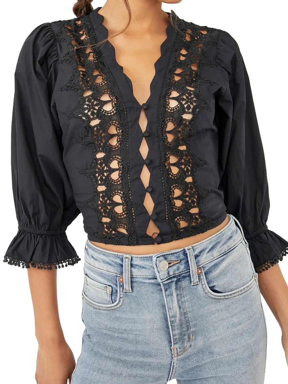 Free People Louella Black 3/4 Sleeve Top